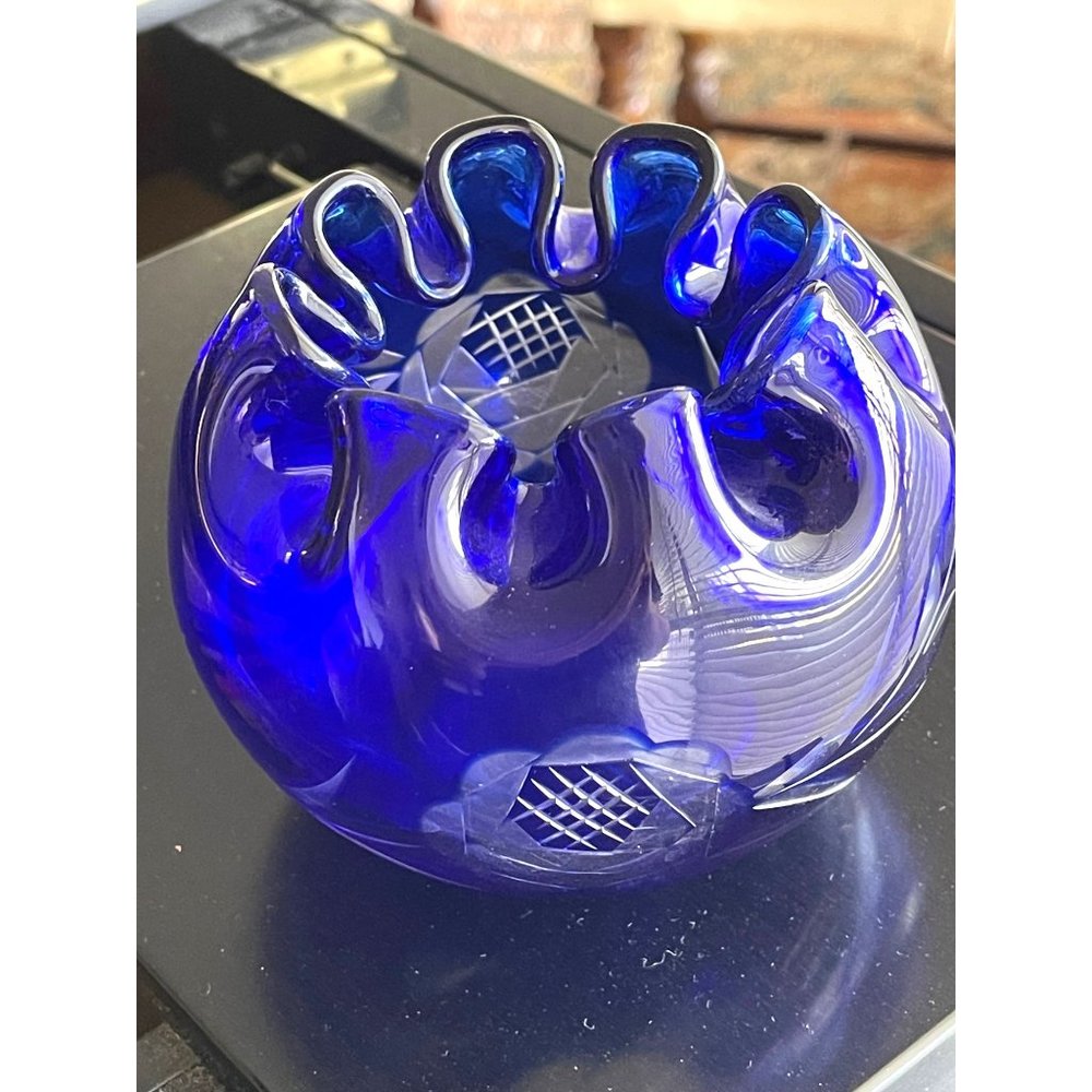 Czech Bohemian Blown Art Glass Bowl Ruffled Cobalt Blue Cut to Clear